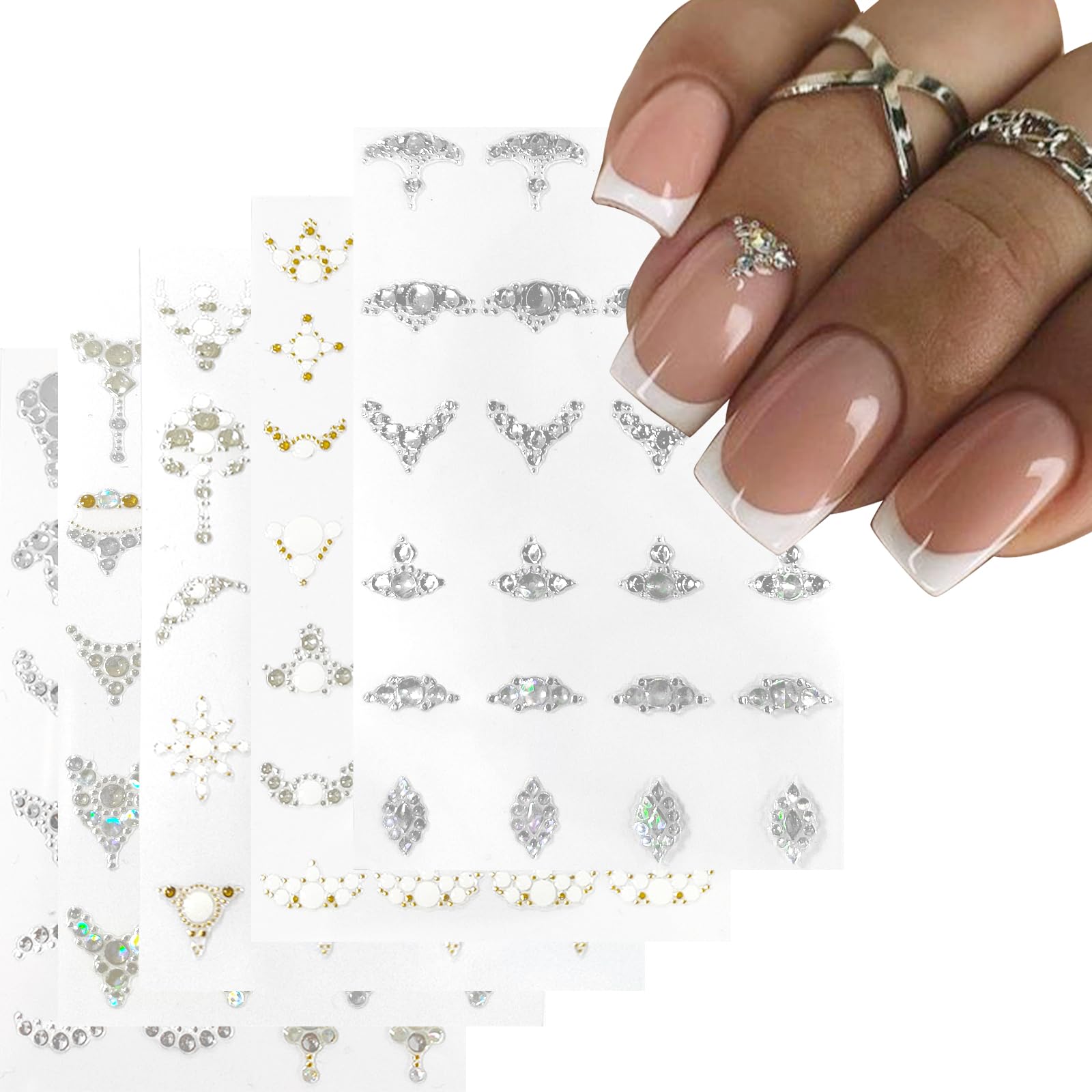 5D Nail Art Stickers - 3D Self-Adhesive Nail Gems Decals in White Gold & Silver Designs | DIY Nail Art Supplies for Women | Perfect for Manicures, Parties & Special Occasions