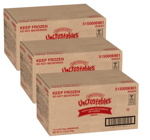 Smucker's Uncrustables Peanut Butter & Strawberry Jam Sandwiches - Bulk Pack of 72 (3 Packs, 2.6oz Each) - Whole Grain Wheat Bread, Individually Wrapped - Perfect for School Lunches, Picnics & Quick Snacks