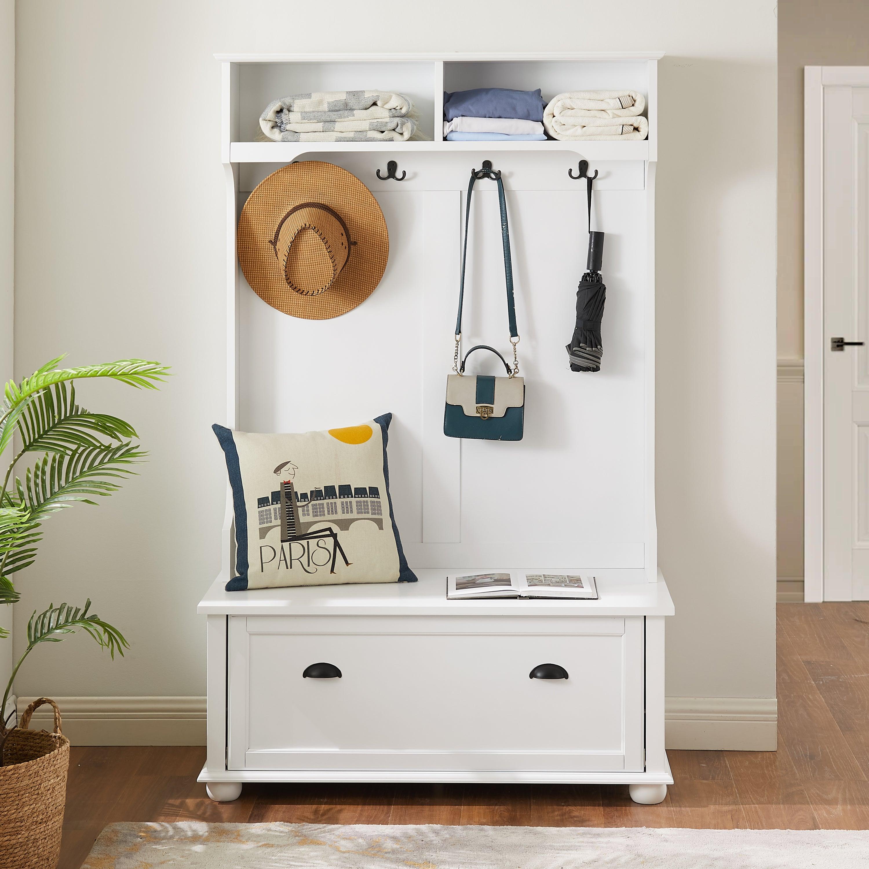 Classic Coastal Style Hall Tree Entryway Bench with Open Shelves & Shoe Storage - Solid Wood Feet, White (40.16