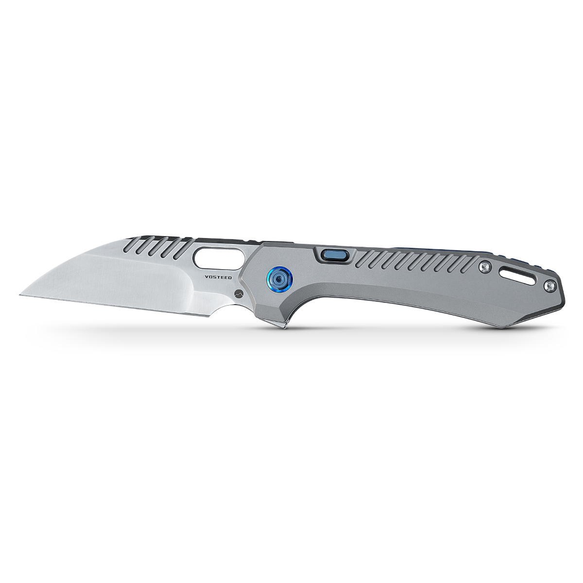 WMK Exclusive Vosteed RSKAOS Folding Knife - Gray Titanium Handle with Blue Hardware & ELMAX Wharncliffe Blade | EDC, Outdoor, Camping, Survival Gear