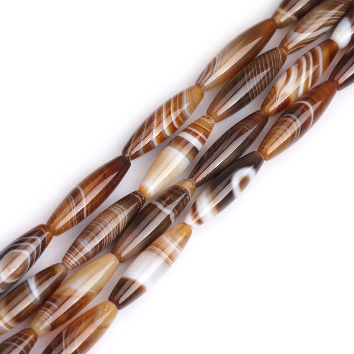 Natural Brown Botswana Onyx Agate Stone Beads 8x30mm - Semi-Precious Rice Olive Oval Beads for Jewelry Making, DIY Crafts, Chakras Healing & Meditation - 15
