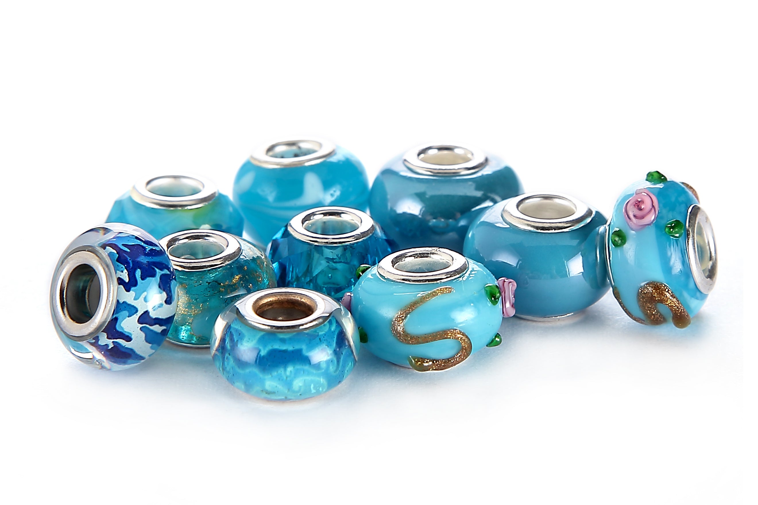Mix Silver Plate Aquamarine Theme Murano Lampwork European Glass Crystal Beads for Jewelry Making, DIY Crafts & Home Decor - Perfect for Necklaces, Bracelets and Gift Packaging