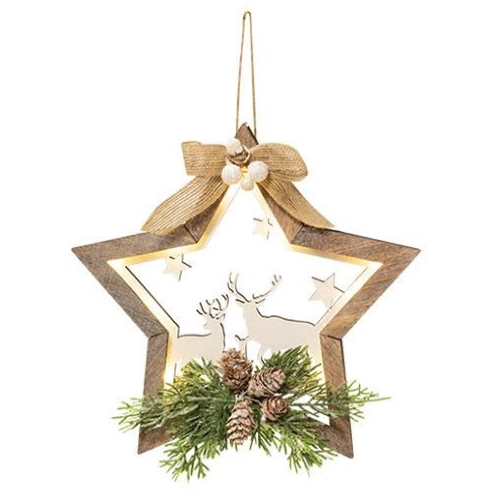 Star Reindeer Cutout Ornament with Greenery - Christmas Tree Decor, Holiday Home Decoration, Festive Party Supplies