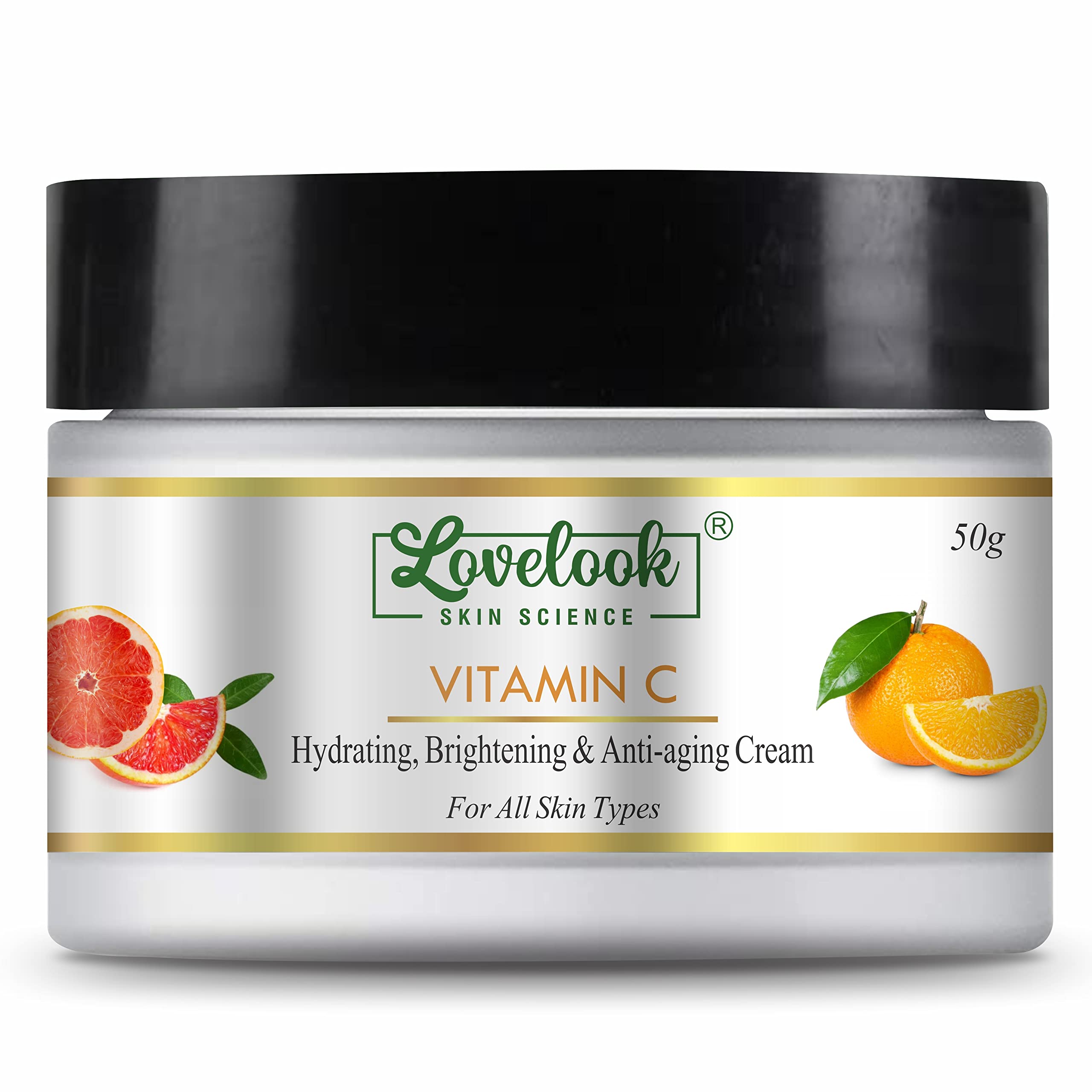 Lovelook Vitamin C Face Cream for Skin Brightening & Whitening - 50g Anti-Aging Moisturizer with Hyaluronic Acid | Day & Night Use for Glowing Skin