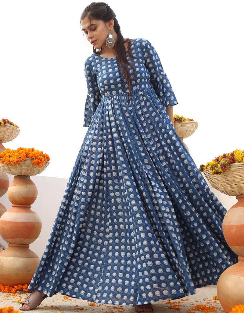 Blue Bayoux Pure Ab Cotton All-Season Designer Gown with Heavy Digital Print - Elegant & Comfortable for Parties, Weddings & Special Occasions