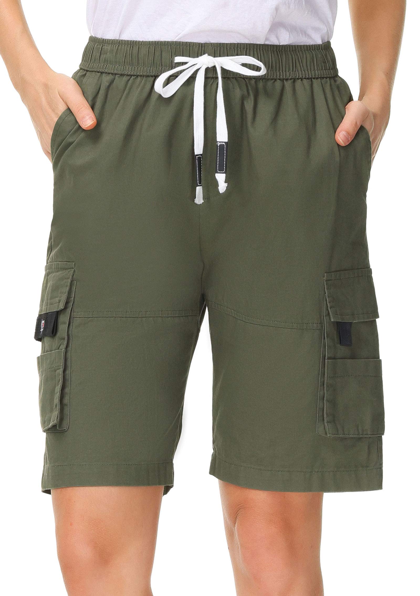 HOW'ON Women's Casual Loose Fit Twill Bermuda Cargo Shorts with Multi-Pockets - Comfortable Straight Leg Summer Shorts for Outdoor, Travel, and Daily Wear
