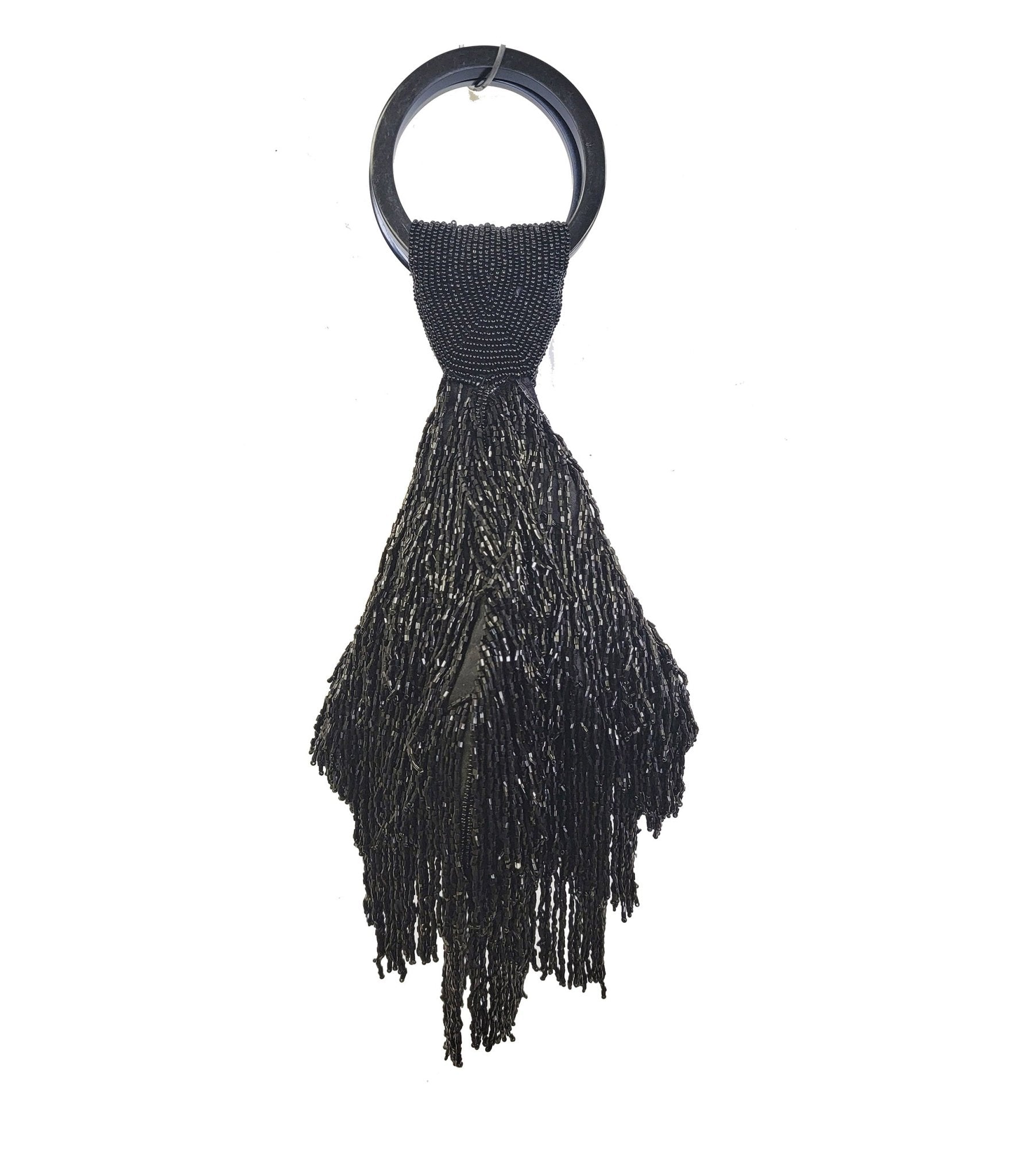 Vintage 1920s Black Beaded Fringe Wristlet Purse - Roaring 20s Flapper Style Clutch Bag for Gatsby Parties, Costume Events & Vintage Fashion Lovers