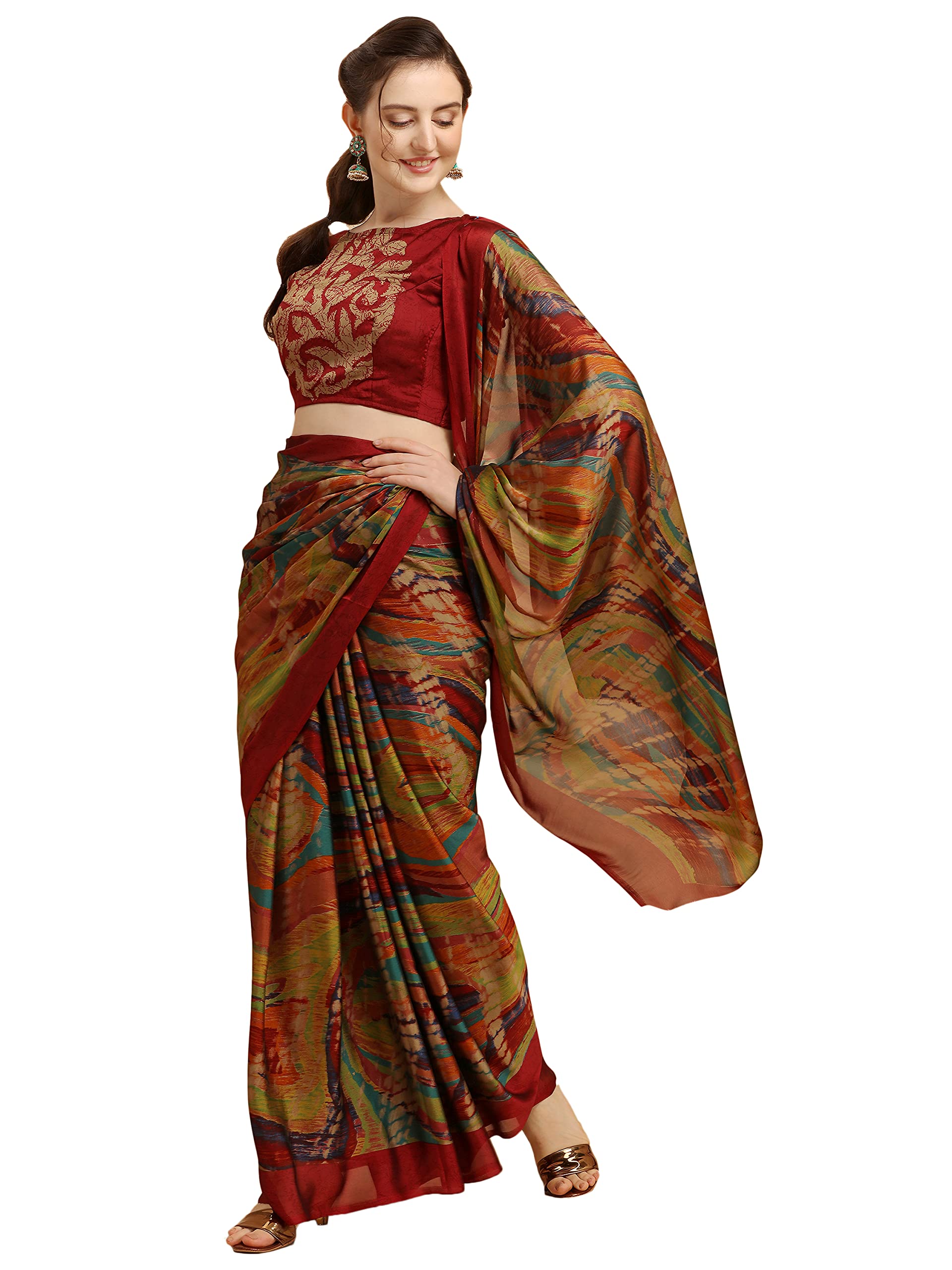 **CRAFTSTRIBE Women's Satin Floral Print Green & Navy Blue Indian Ethnic Saree – Elegant Traditional Outfit for Weddings, Parties & Festivals**