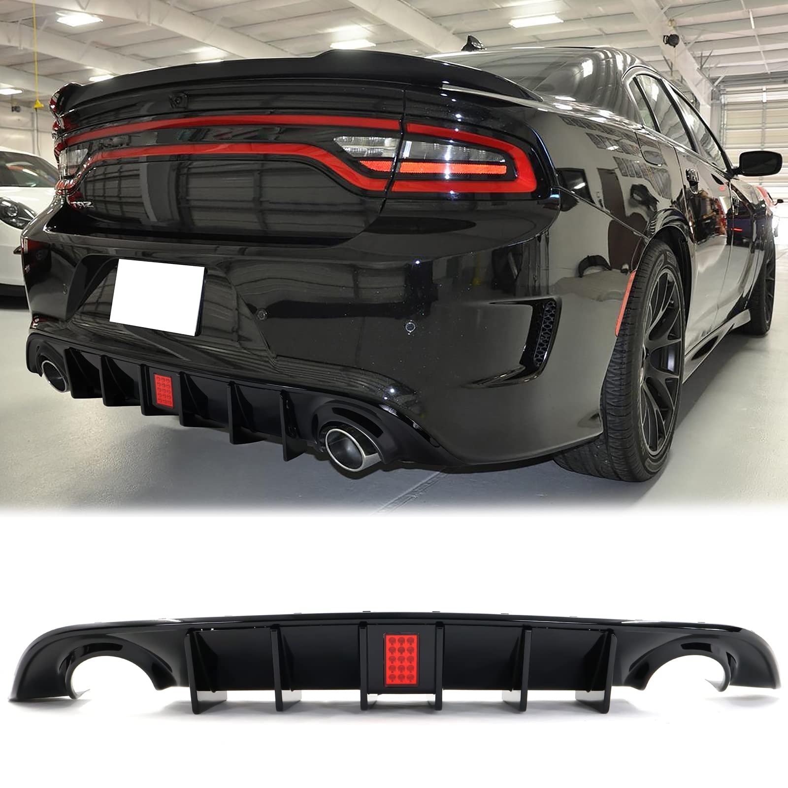 FREEMOTOR802 Rear Bumper Diffuser w/LED Light for 2015-2023 Dodge Charger | IKON V4 Style Gloss Black Lip Shark Fins | PP Material | Enhances Sporty Look & Night Visibility | Perfect for Car Enthusiasts & Street Racing