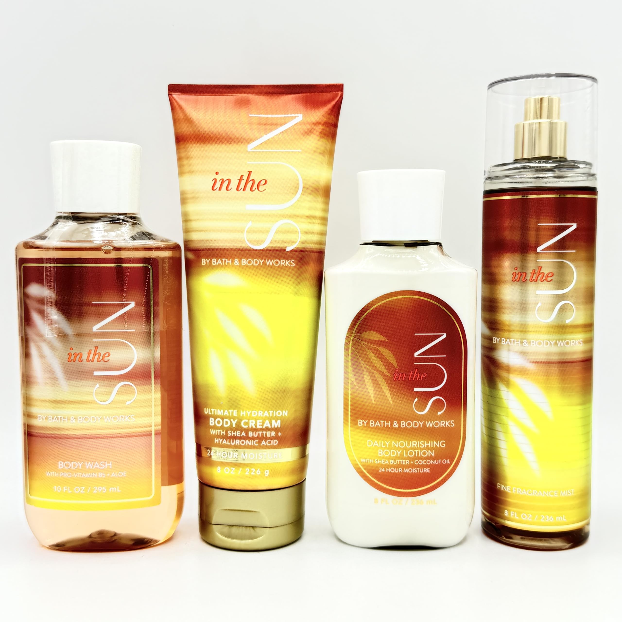 In The Sun 4-Piece Bath & Body Set - Hydrating Body Wash, Nourishing Lotion, Ultra Moisturizing Cream & Refreshing Fragrance Mist | Perfect for Shower, Skincare Routine & Daily Hydration