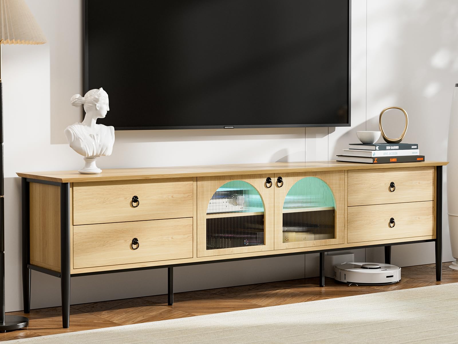 85 Inch Glass LED TV Stand - Modern Entertainment Center with 2 Glass Doors & 4 Drawers - Wooden Console Table for Living Room & Bedroom - Perfect for Home Theater Setup & Media Storage