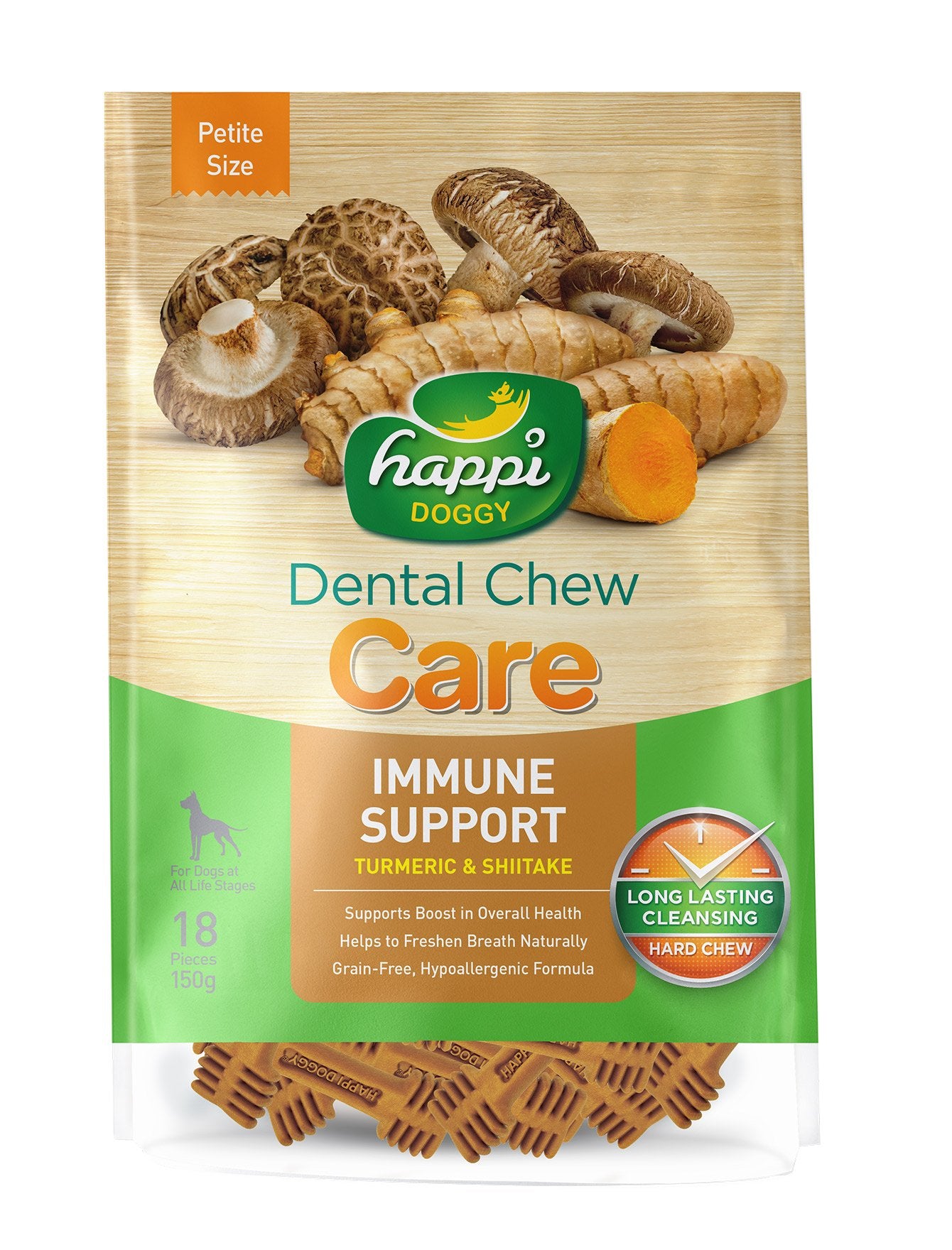 Happi Doggy Dental Chew Care - Turmeric & Shitake Immune Support for Dogs - 150g (2 Sizes) - Promotes Oral Health & Boosts Immunity - Perfect for Daily Dental Care & Immune System Support