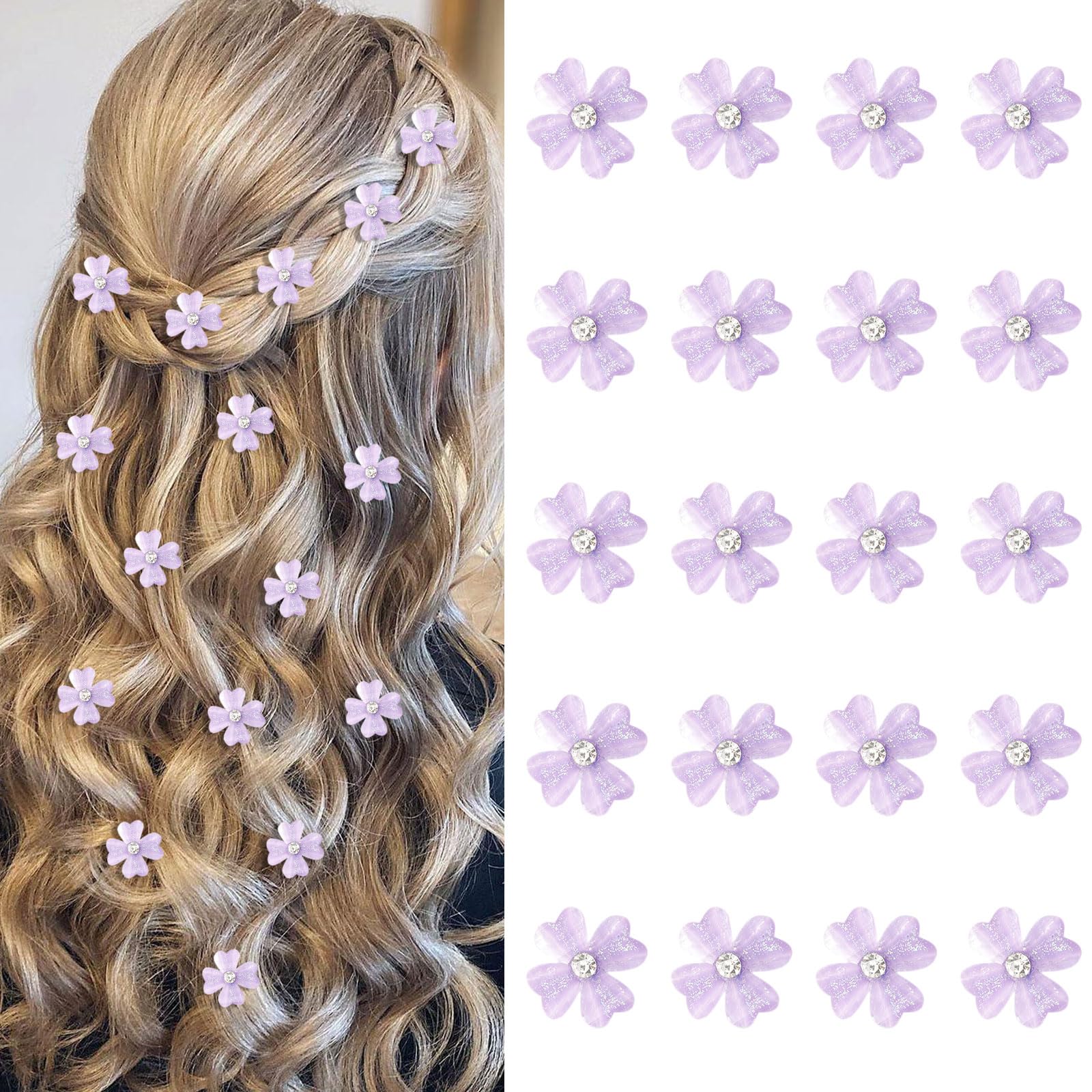 YISSION 20Pcs Mini Purple Flower Hair Clips with Rhinestone - Cute Hair Pins for Women & Girls - Wedding Hair Barrettes, Bridal Hair Accessories - Perfect for Parties, Prom, Bridal Showers & Everyday Wear