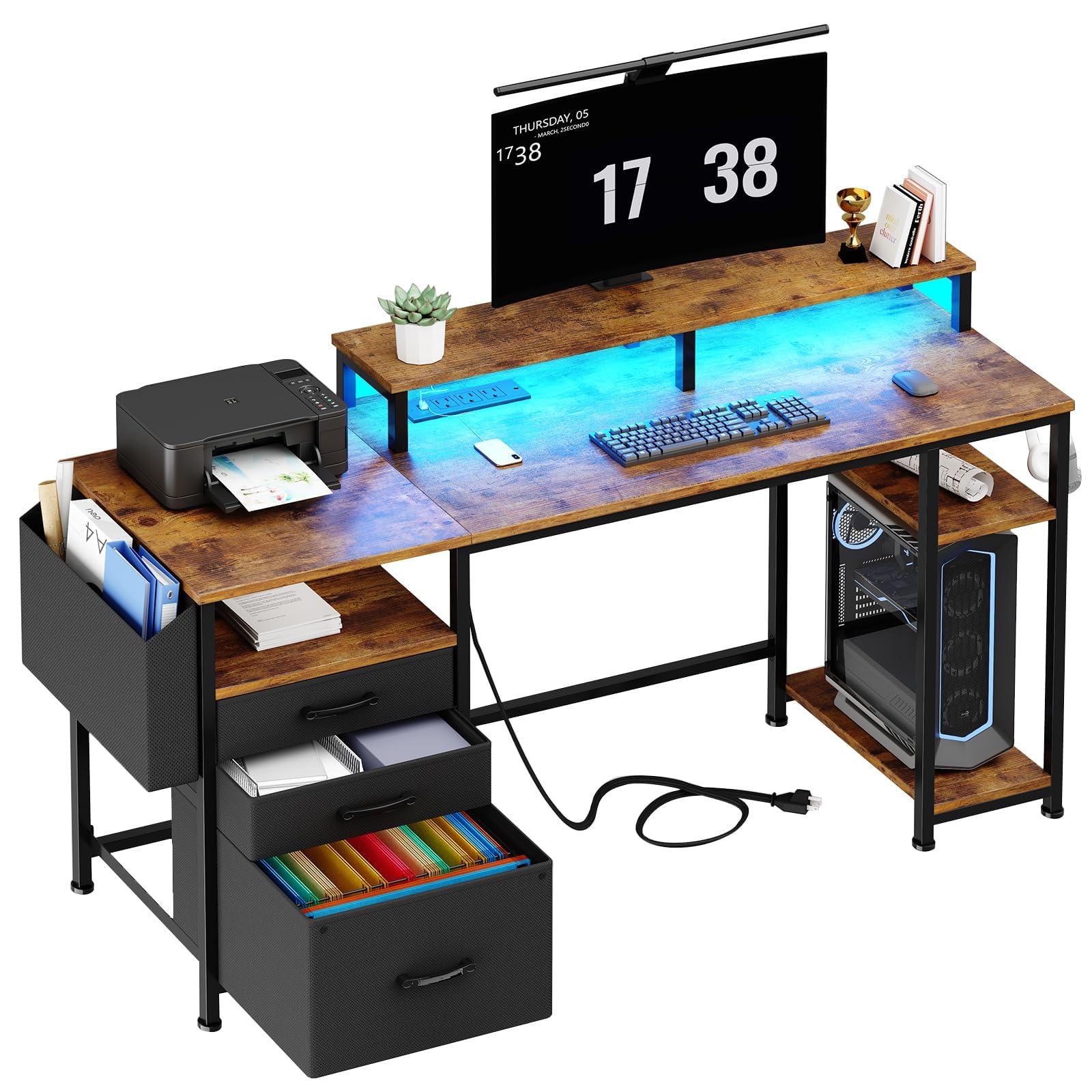 55 Inch Rustic Brown Computer Desk with Fabric File Drawers & LED Lights - Home Office Desk with Shelves, Monitor Stand & Power Outlets - Perfect for Study, Writing, Gaming & Bedroom Workspace