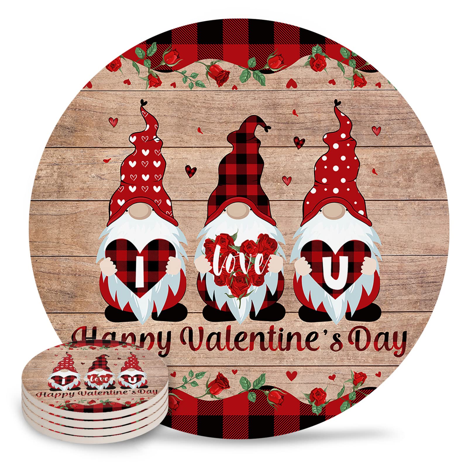 Valentine's Day Ceramic Coasters Set of 4 - Absorbent Love Gnome Drink Coasters with Cork Backing for Hot & Cold Beverages, Rustic Wood Plank Design Coffee Cup Mats - Perfect for Kitchen, Dining Table, Coffee Bar & Romantic Home Decor