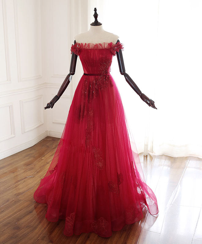 Elegant Burgundy Tulle Lace Long Prom Dress & Evening Gown - Perfect for Homecoming, Formal Dances, and Special Occasions