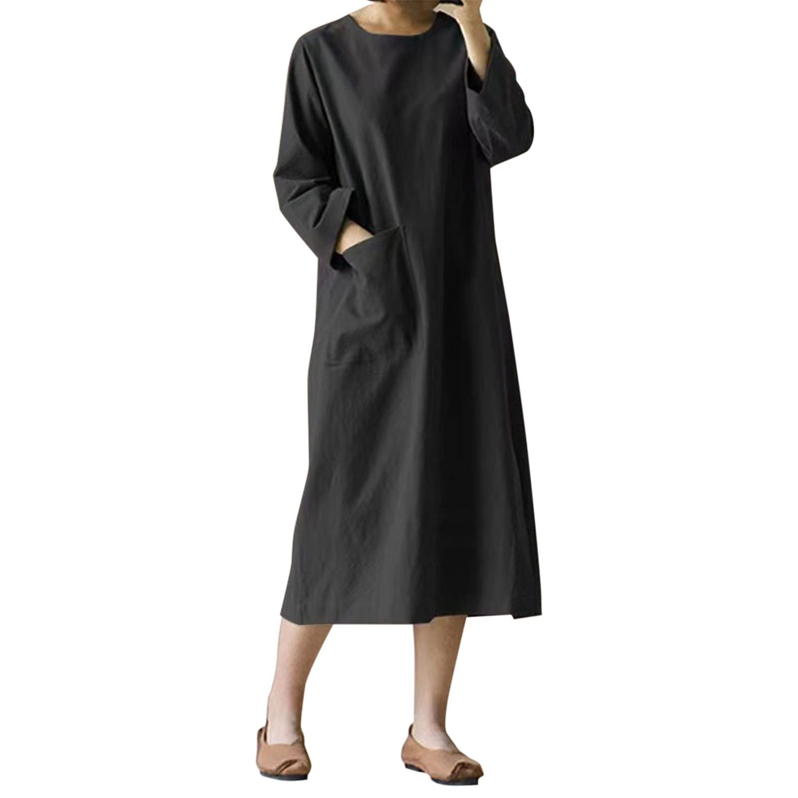 Usuming Women's Loose Fit Retro Dress - Long Sleeve Solid Color O-Neck Pocket Dress for Petite Women | Casual Everyday Wear for Work, Date & Travel