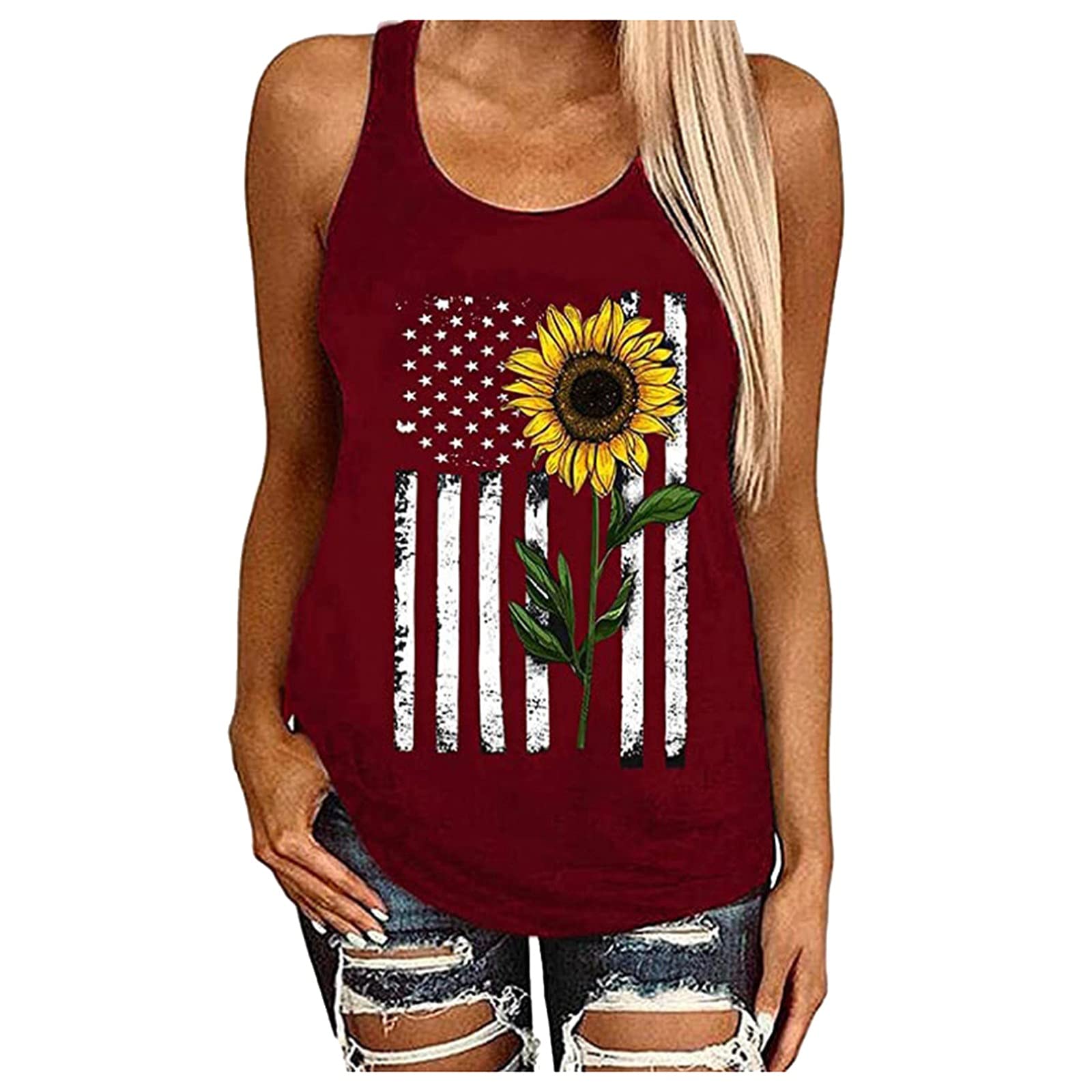 FMCHICO Women's USA Flag Printed Sleeveless Tank Top - Patriotic American Flag T-Shirt for 4th of July, Independence Day Celebrations & Summer Outfits