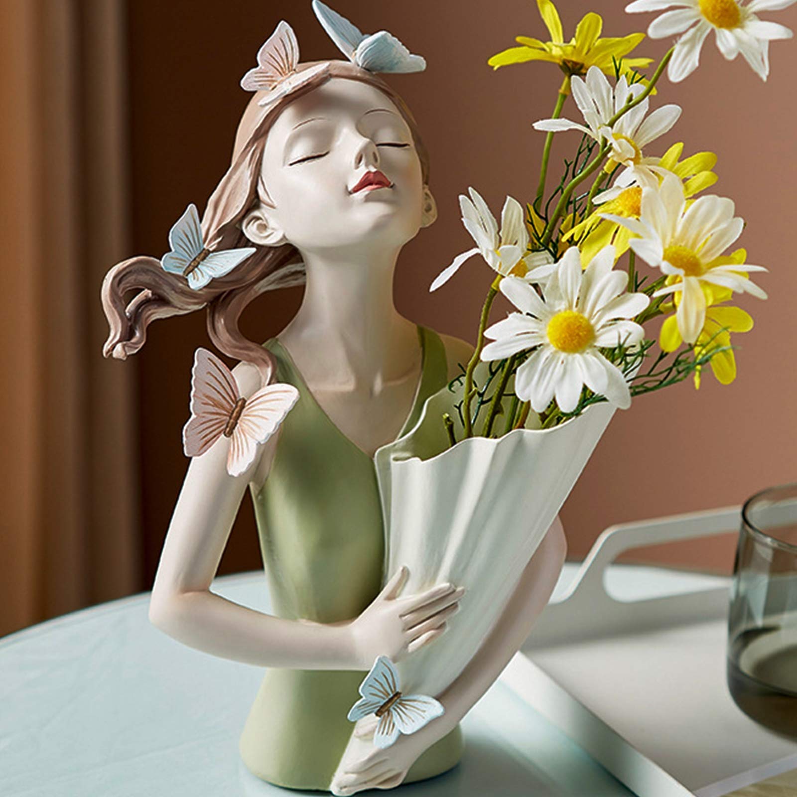 WSIMEI Girl Statue with Flower Pots - Butterfly Girl Sculpture for Home Decor, Modern Living Room Table Art, Green - Perfect for Indoor Garden, Bookshelf Display & Housewarming Gifts