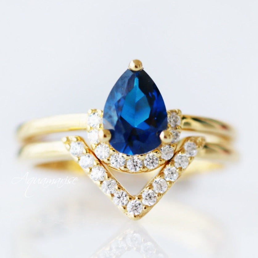 14K Yellow Gold Vermeil Aria Sapphire Ring Set - Elegant Jewelry for Women, Perfect for Engagement, Wedding, Anniversary & Special Occasions