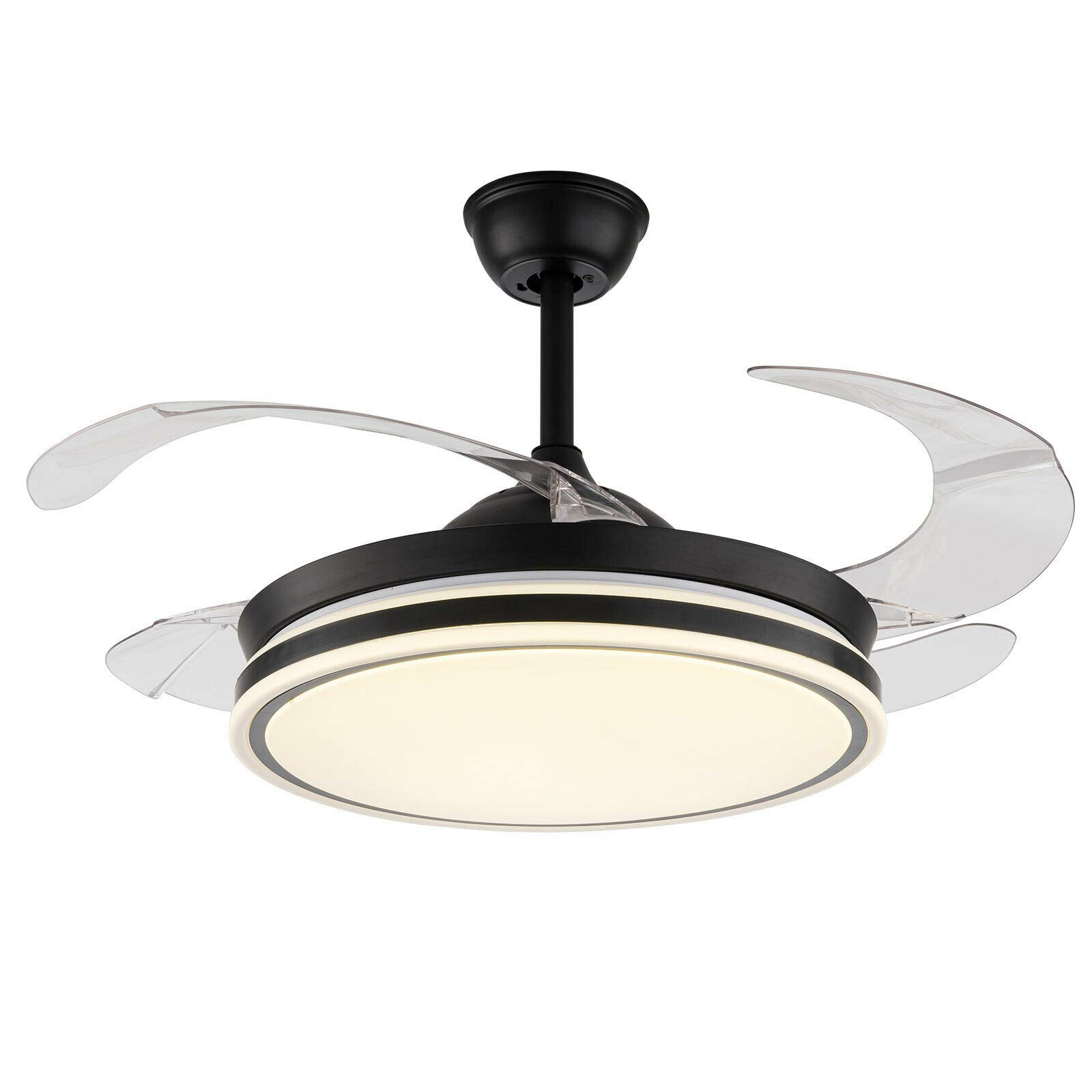42 Inch Ceiling Fan with Light Kit - Remote Control, 3 Color Dimmable LED, 4 Retractable Blades, Adjustable Height, Acrylic Shade - Modern Black Chandelier Fan for Living Room, Bedroom & Dining Room