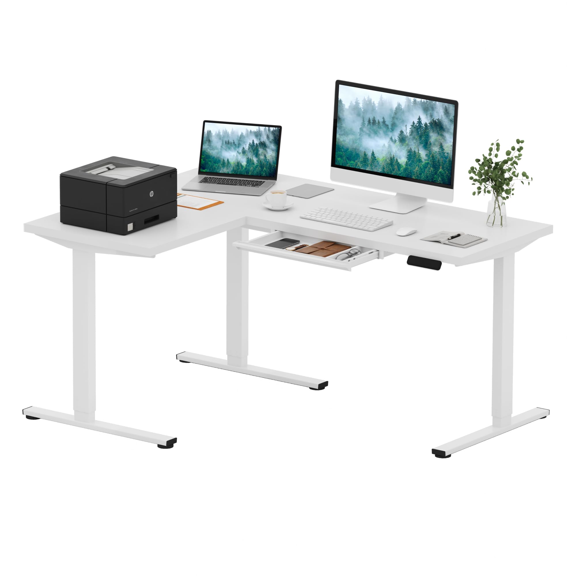 SANODESK 63 Inch L-Shaped Electric Standing Desk with Drawer - Adjustable Height Ergonomic Corner Computer Desk with Storage for Home Office Work, White - Perfect for Small Spaces & Dual Monitor Setup
