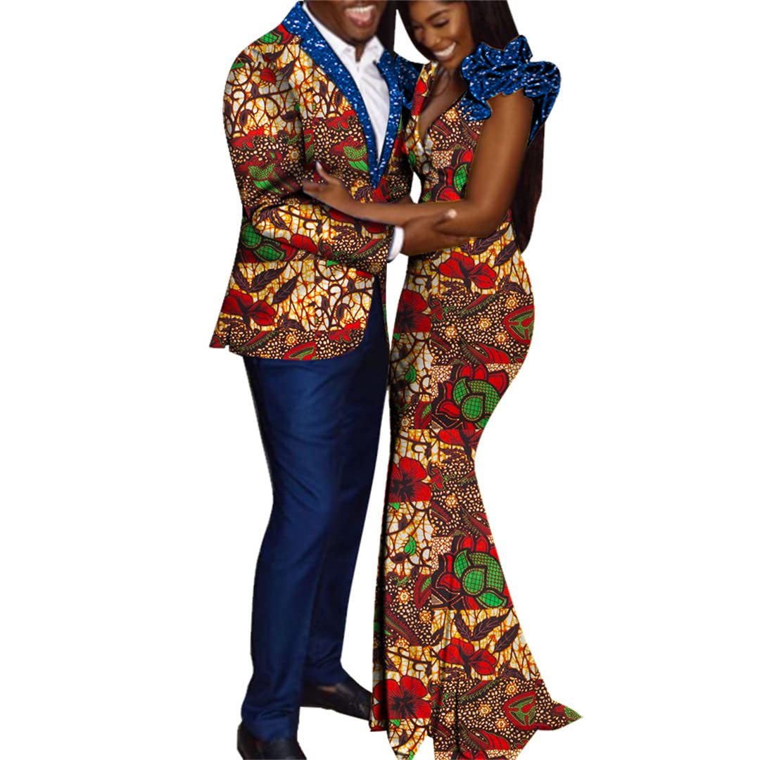 African Dashiki Couple Outfits for Lovers - Matching Mentops, Pants & Women's Dress Set - Size 11 XL - Perfect for Valentine's Day, Anniversary Gifts & Cultural Celebrations