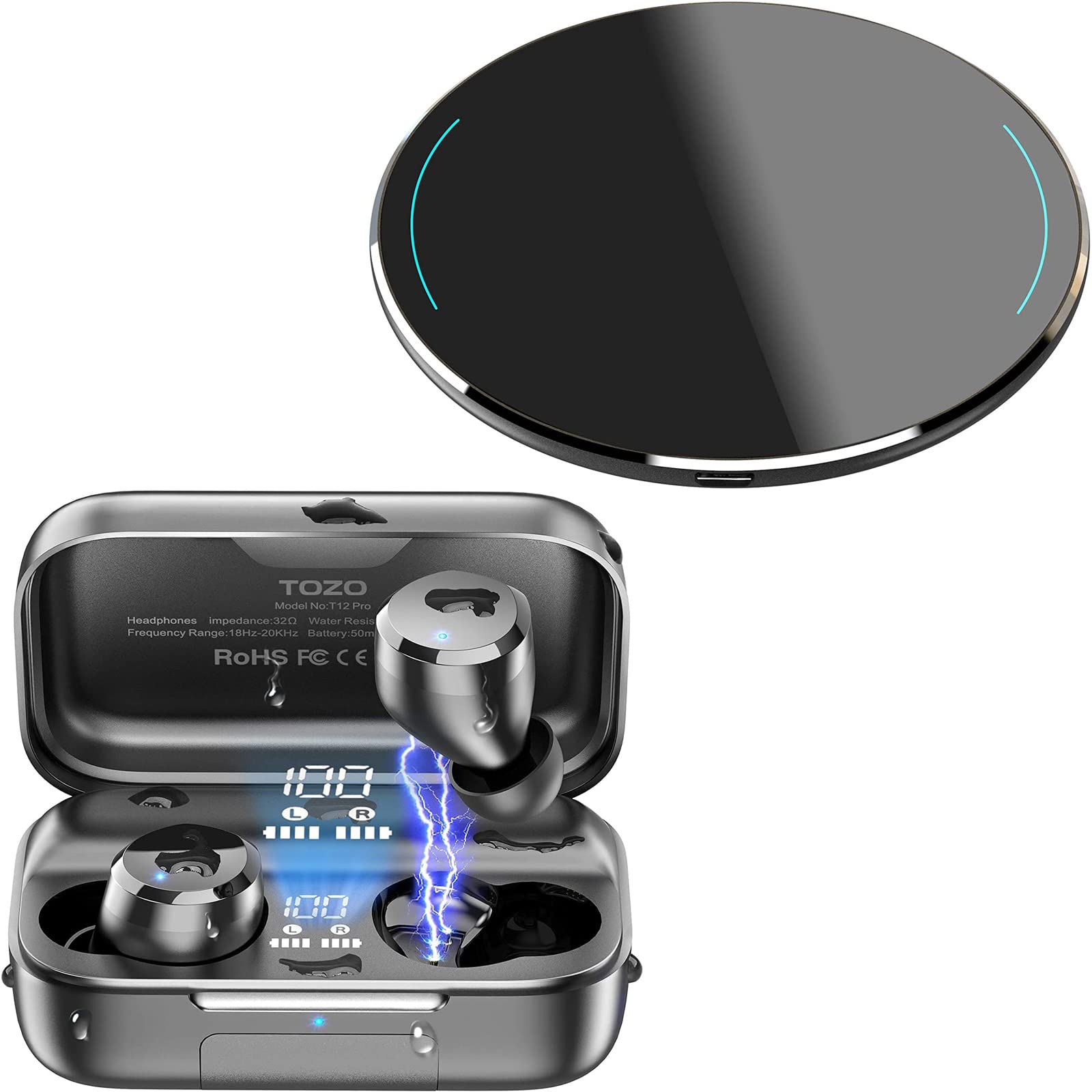TOZO W1 Wireless Charger & T12 Pro Wireless Earbuds - Fast Qi Charging Pad & Bluetooth 5.3 Headphones with Noise Cancellation - Perfect for Home, Office, and Travel Use