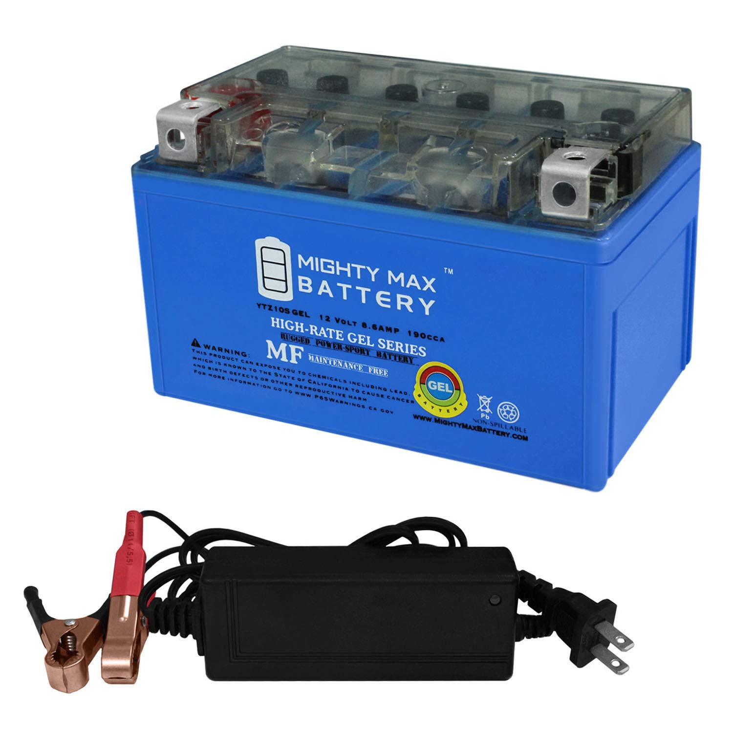 Mighty Max YTZ10S 12V 10Ah GEL Motorcycle Battery - Compatible with Aprilia, KTM & More - Includes 12V 2A Smart Charger - Perfect for ATVs, Scooters & Powersports Vehicles