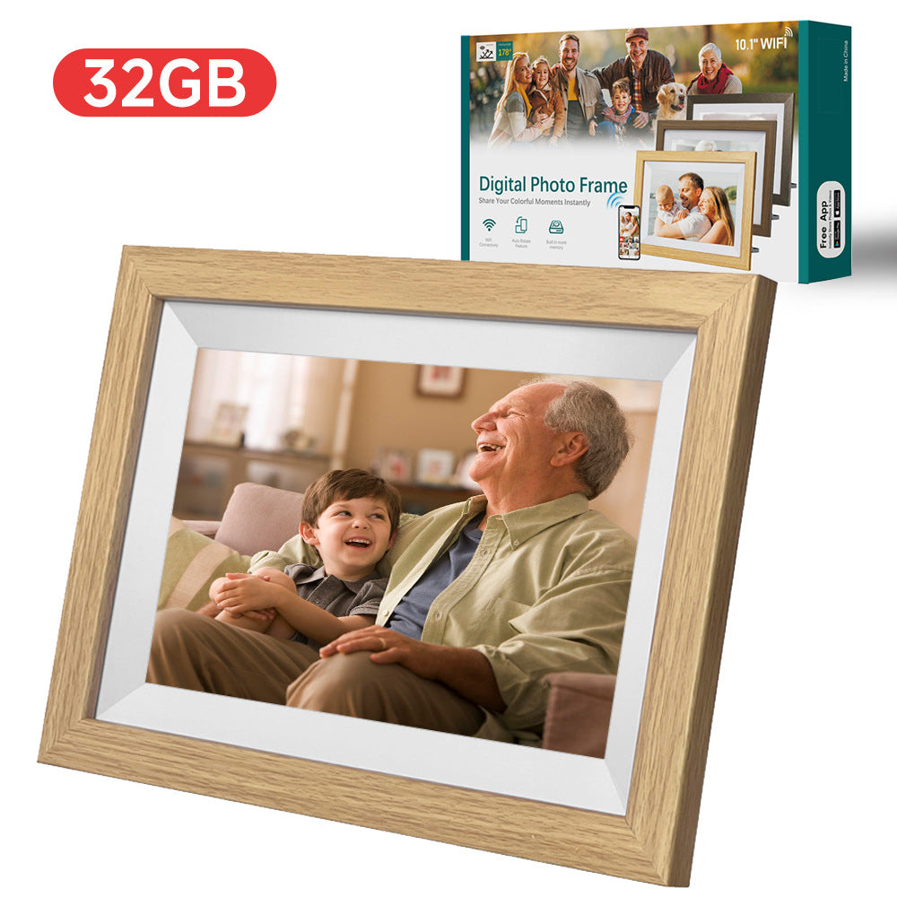 10.1 Inch WiFi Digital Picture Frame with Wooden Frame - 32GB Storage, IPS Touchscreen, Remote Sharing via App - Perfect for Home Decor, Office Display & Gift Giving