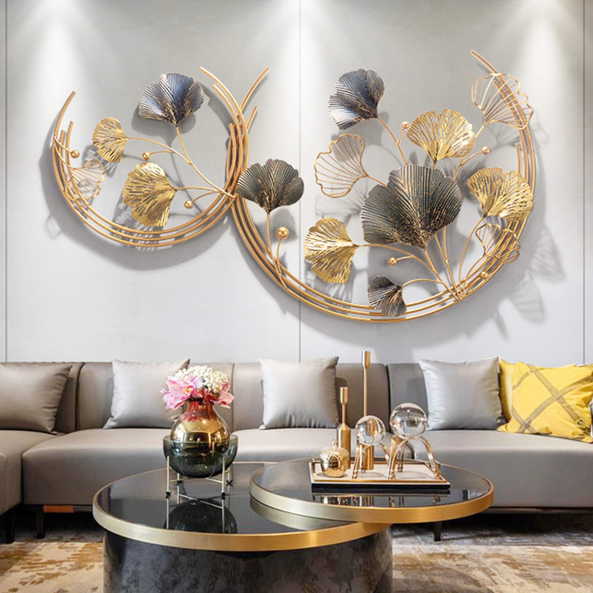Creative Ginkgo Metal Wall Sculpture - Golden Round Frame Leaf & Flower Wall Art Decor for Living Room, Bedroom, Dining Room - Perfect for Home, Office & Wedding Decor