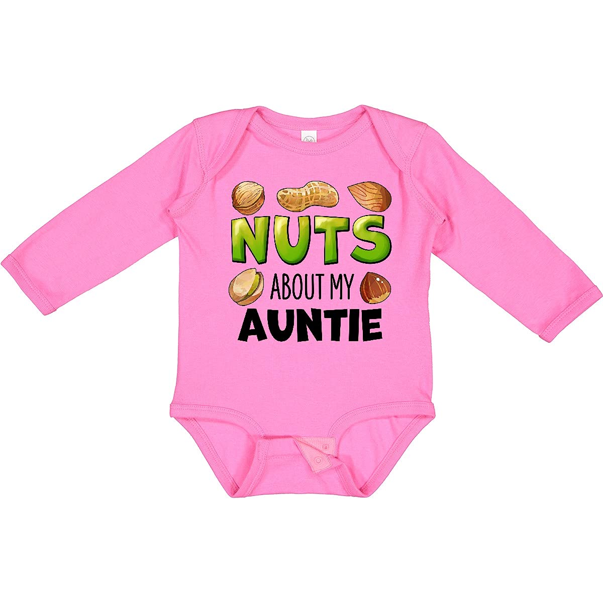 Inktastic 'Nuts About My Auntie' Peanut, Almond, Pistachio Print Baby Long Sleeve Bodysuit - Cute Outfit for Family Photos & Holiday Gatherings