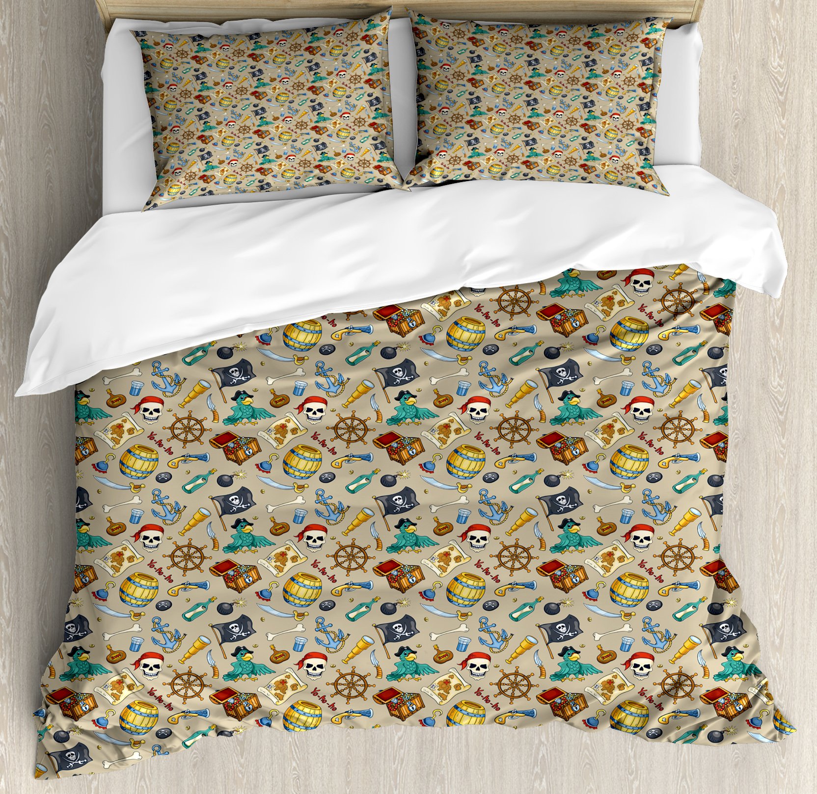 Ambesonne Pirates Duvet Cover Set - Cheerful Sketch Cartoon Pattern with Adventurous Sea Travel Theme, 3-Piece Queen Size Bedding Set with 2 Pillow Shams, Multicolor | Perfect for Kids' Rooms, Nautical Themed Bedrooms & Pirate Lovers