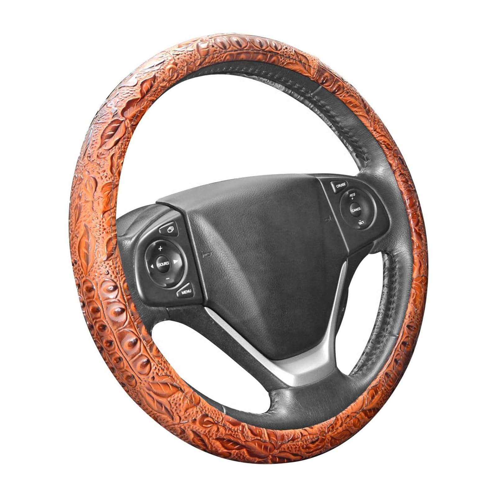 Universal 15 Inch Car Steering Wheel Cover - Anti-Slip Leather Protector with Flower Grain (Brown) | Perfect for Cars, Trucks & SUVs - Enhances Grip & Comfort for Long Drives
