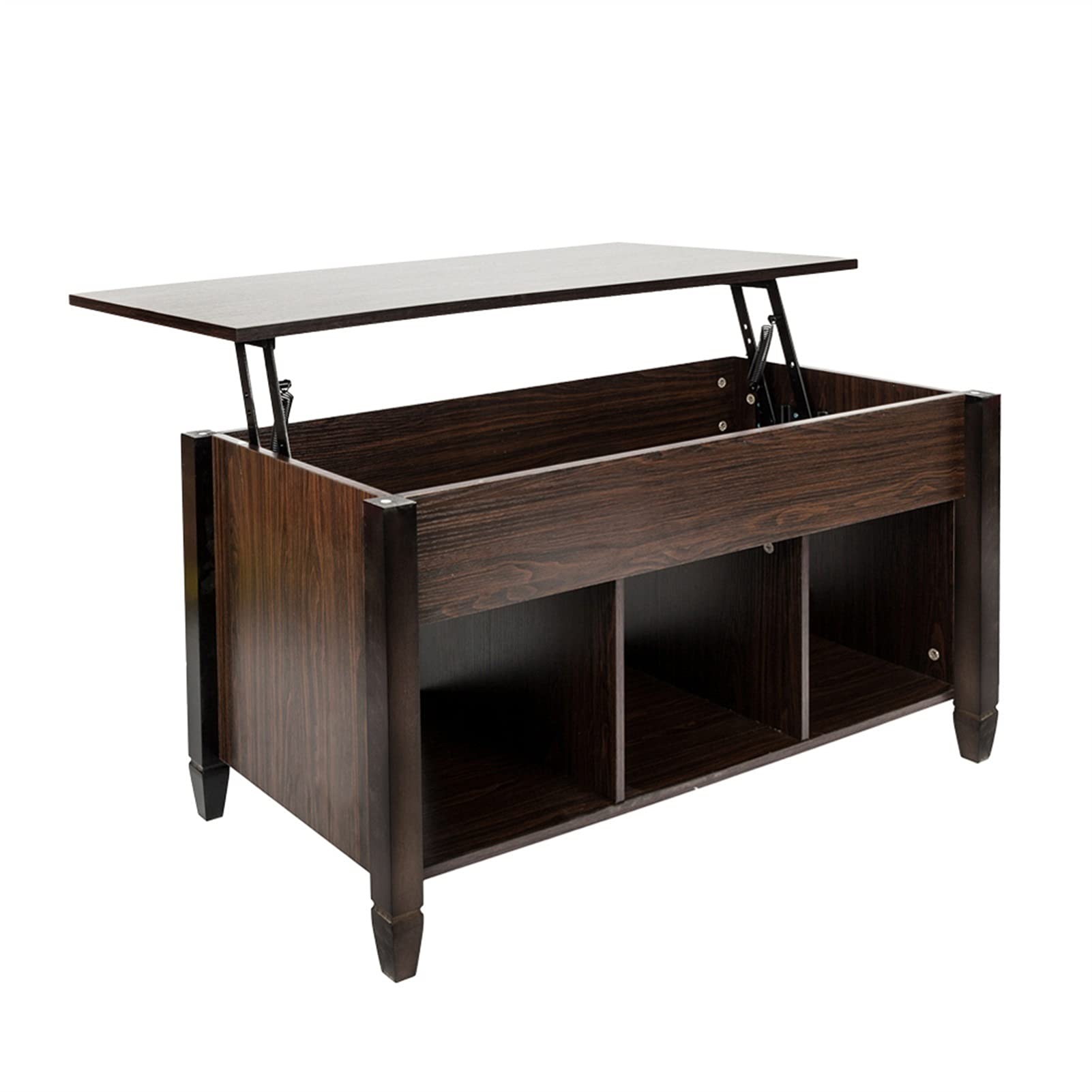Lift Top Coffee Table with Hidden Storage & 3 Open Shelves - Modern End Table/Side Table for Living Room, Reception Area - Espresso Brown - Perfect for Small Spaces, Home Office & Entertaining Guests