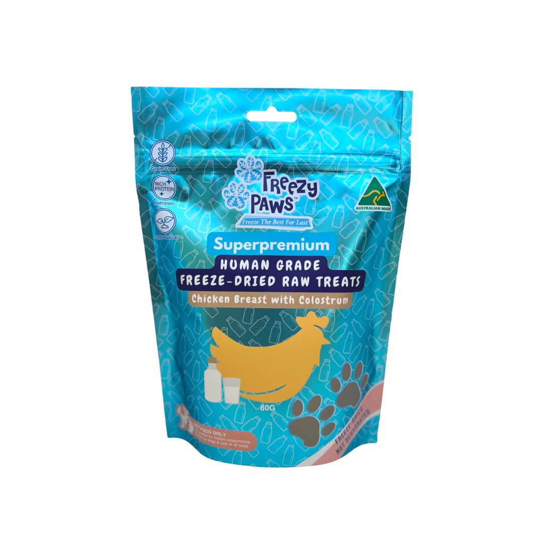 Freezy Paws Super Premium Human-Grade Chicken Breast Raw Dog Treats with Colostrum - 80g | Healthy Training Rewards & Digestive Support for Puppies & Adult Dogs