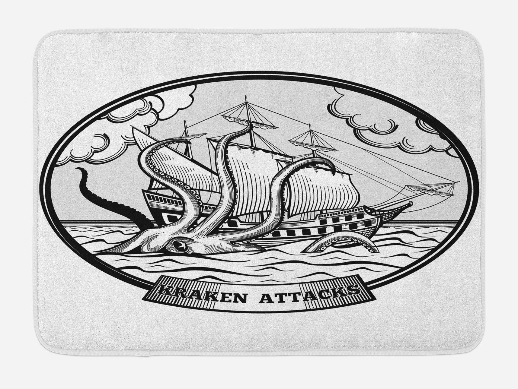 Lunarable Octopus Bath Mat - Non-Slip Plush Bathroom Rug with Sailing Ship & Kraken Monster Tentacles Retro Sketch, 30.2 x 20 Inches, Black & White - Perfect for Coastal, Nautical or Ocean-Themed Bathroom Decor