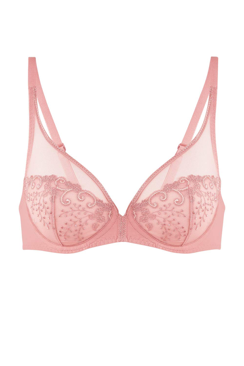 Simone Perele Women's Delice Sheer Plunge Bra - Comfortable Lace Underwire Bra in Peach Pink, Size 38D - Perfect for Date Nights & Special Occasions