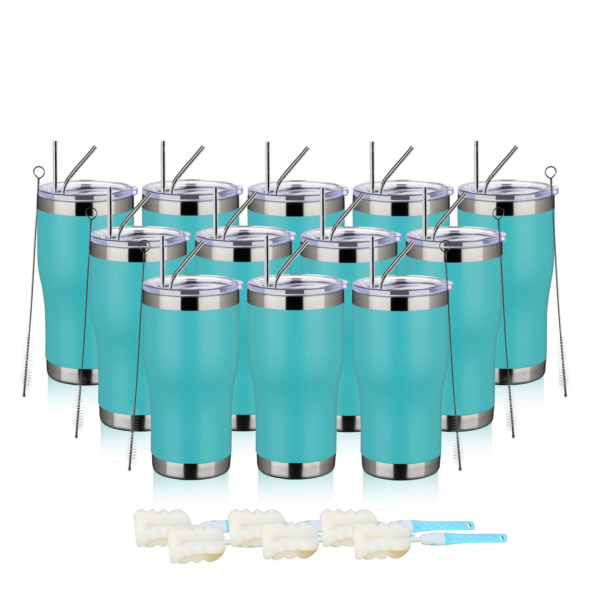 MEWAY 20oz Stainless Steel Tumblers 12 Pack Bulk - Vacuum Insulated Coffee Cups with Lids, Double Wall Powder Coated Travel Mugs for Hot & Cold Drinks (Light Blue, Set of 12) - Perfect for Office, Camping, Gym and Outdoor Activities