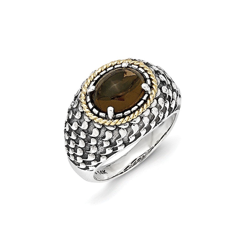 Vintage 925 Sterling Silver & 14k Yellow Gold Smoky Quartz Engagement Ring - Chocolate Brown Antique Style for Women, Perfect for Proposals, Weddings & Anniversary Gifts