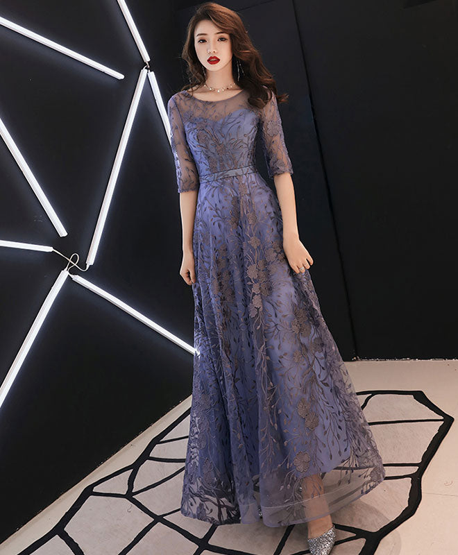 Elegant Blue Round Neck Tulle Lace Long Prom Dress for Women - Formal Evening Gown for Homecoming, Wedding, and Special Occasions