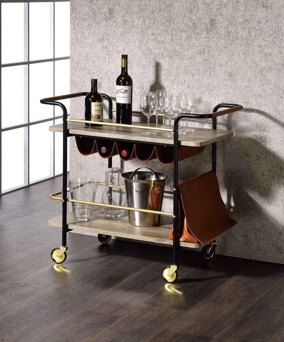 YOPOTIKA Serving Cart with Storage - Kitchen Cart Workstation Shelf for Living Room, Study, Kitchen & Family Room - Natural Gold & Black Finish (98417) - Perfect for Entertaining, Organizing & Decorating