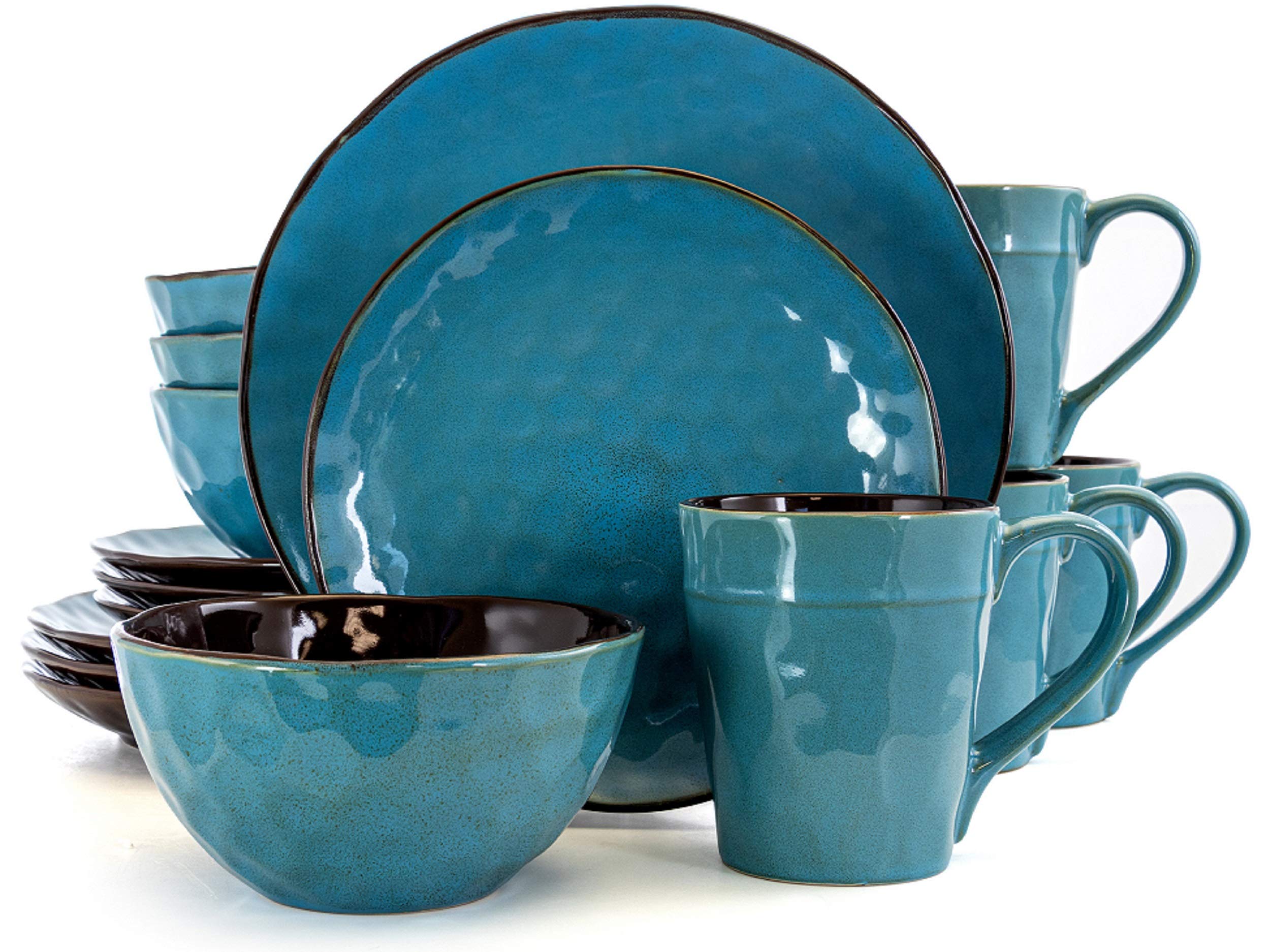 Elama Sea Glass 16-Piece Round Stoneware Dinnerware Set in Turquoise - Elegant Dinner Plates, Bowls & Mugs for Home, Restaurant, or Beachside Dining