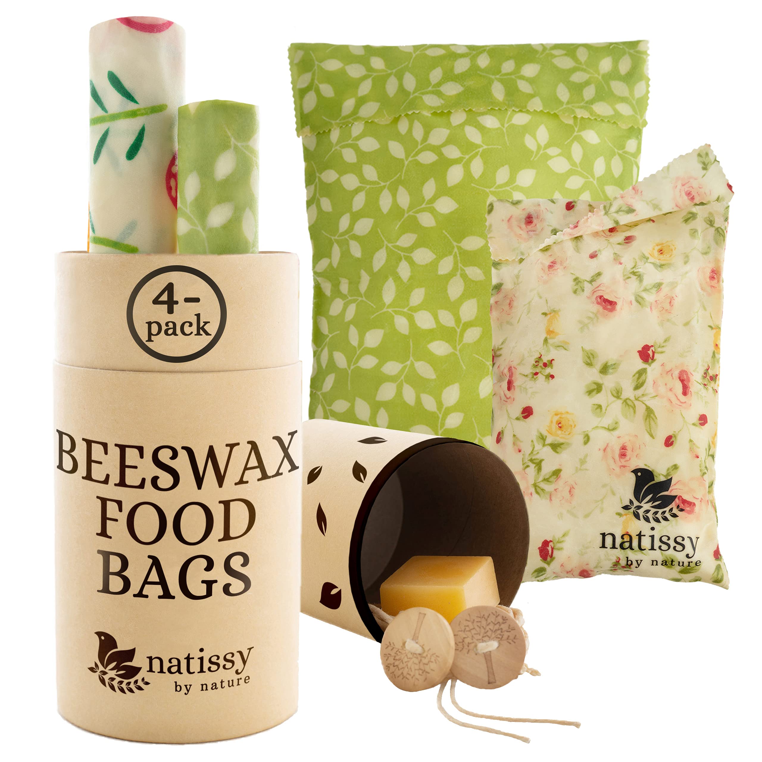 Organic Reusable Beeswax Food Wrap Bags - Set of 4 Eco-Friendly Beeswax Storage Bags for Bread, Sandwiches & Food Preservation | Washable & Sustainable Alternative to Plastic Wrap | Perfect for Picnics, Lunchboxes & Zero-Waste Kitchens