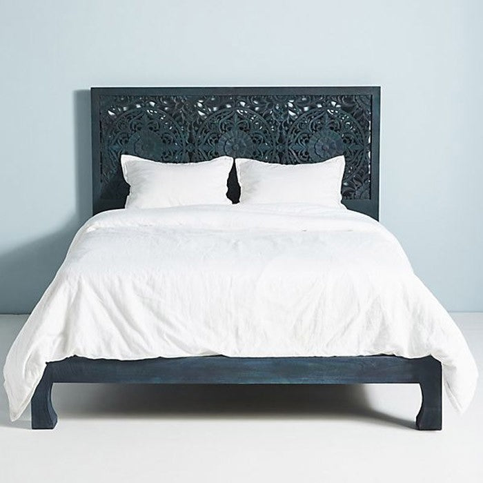 Hand Carved Indian Wooden Bed Frame - Dynasty Low Line Solid Wood Bed for Master Bedroom & Guest Room - Traditional Elegant Furniture for Home Decor