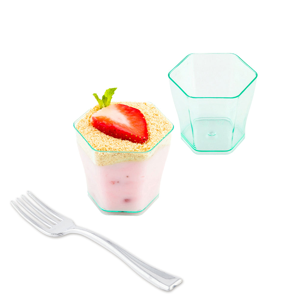 100 Pack 2 oz Hexagon Seagreen Plastic Cups with 100 Silver Plastic Mini Forks - Perfect for Party, Wedding, Baby Shower & Picnic Supplies