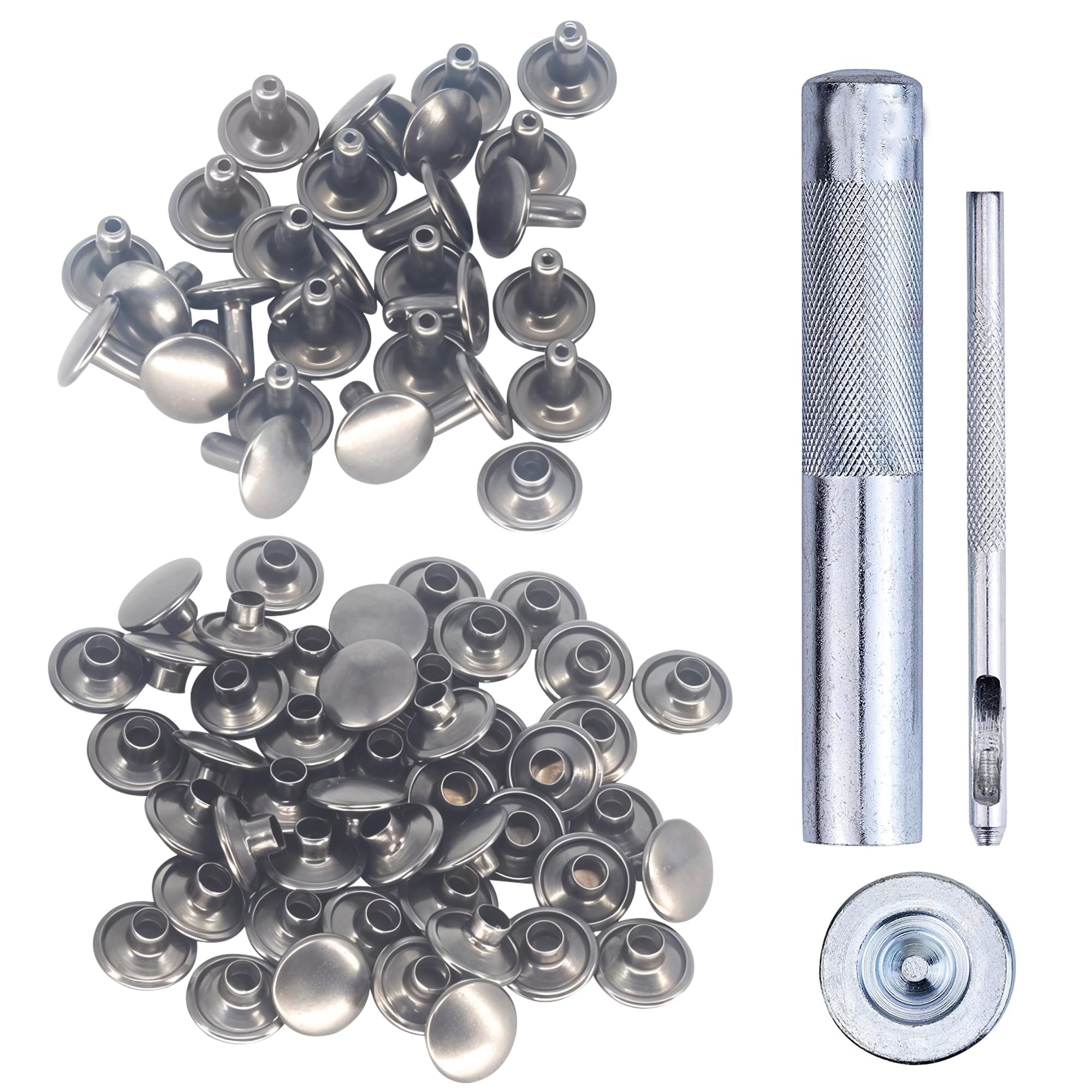 100-Piece Double Cap Tubular Rivets Kit with 3 Hand Tools - 5mm Gun Metal Rivets for Leather Craft, Clothing & Bag Repair - DIY Leatherworking, Shoe & Accessory Fixing