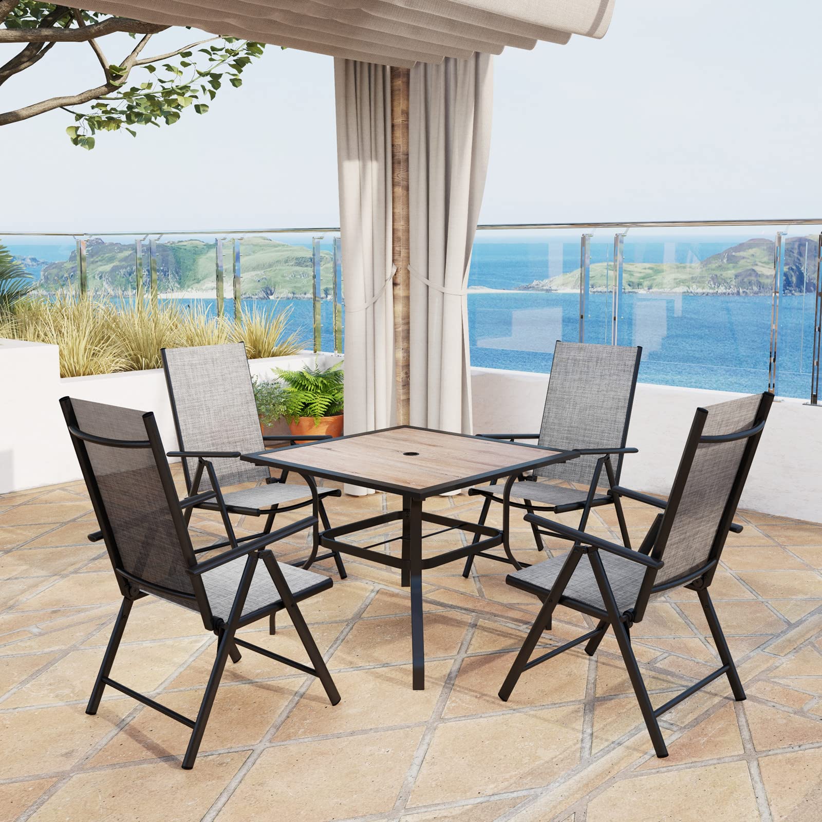 MFSTUDIO 4-Piece Outdoor Dining Set - Adjustable Aluminum Folding Chairs & Weather-Resistant Wood-Like Table - Patio Furniture for Backyard, Garden, Deck - Grey (Perfect for BBQs, Poolside Dining & Outdoor Entertaining)