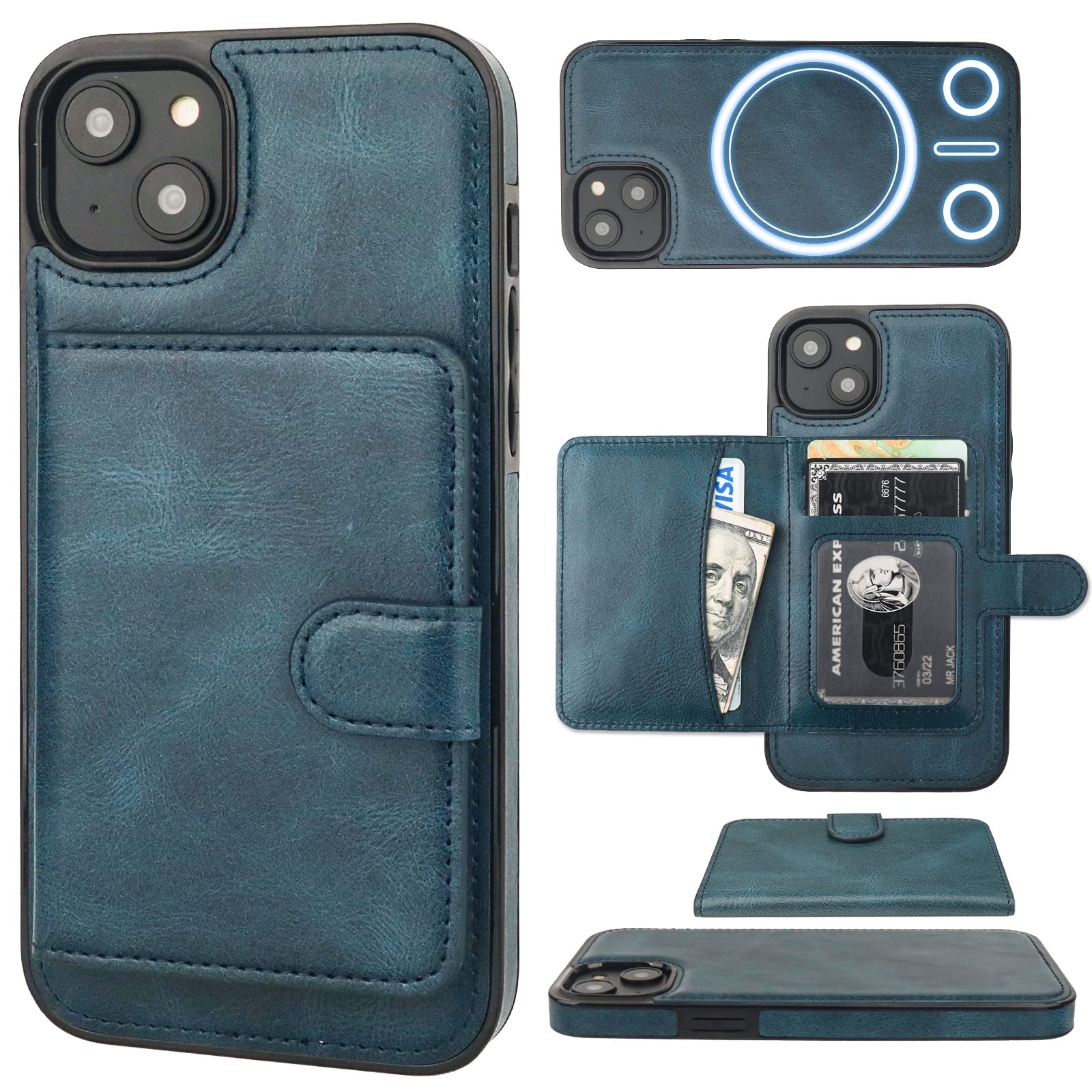 Premium PU Leather iPhone 14 Wallet Case with MagSafe - Magnetic Detachable Flip Cover, RFID Blocking, Card Slots & Kickstand | Wireless Charging Compatible 6.1