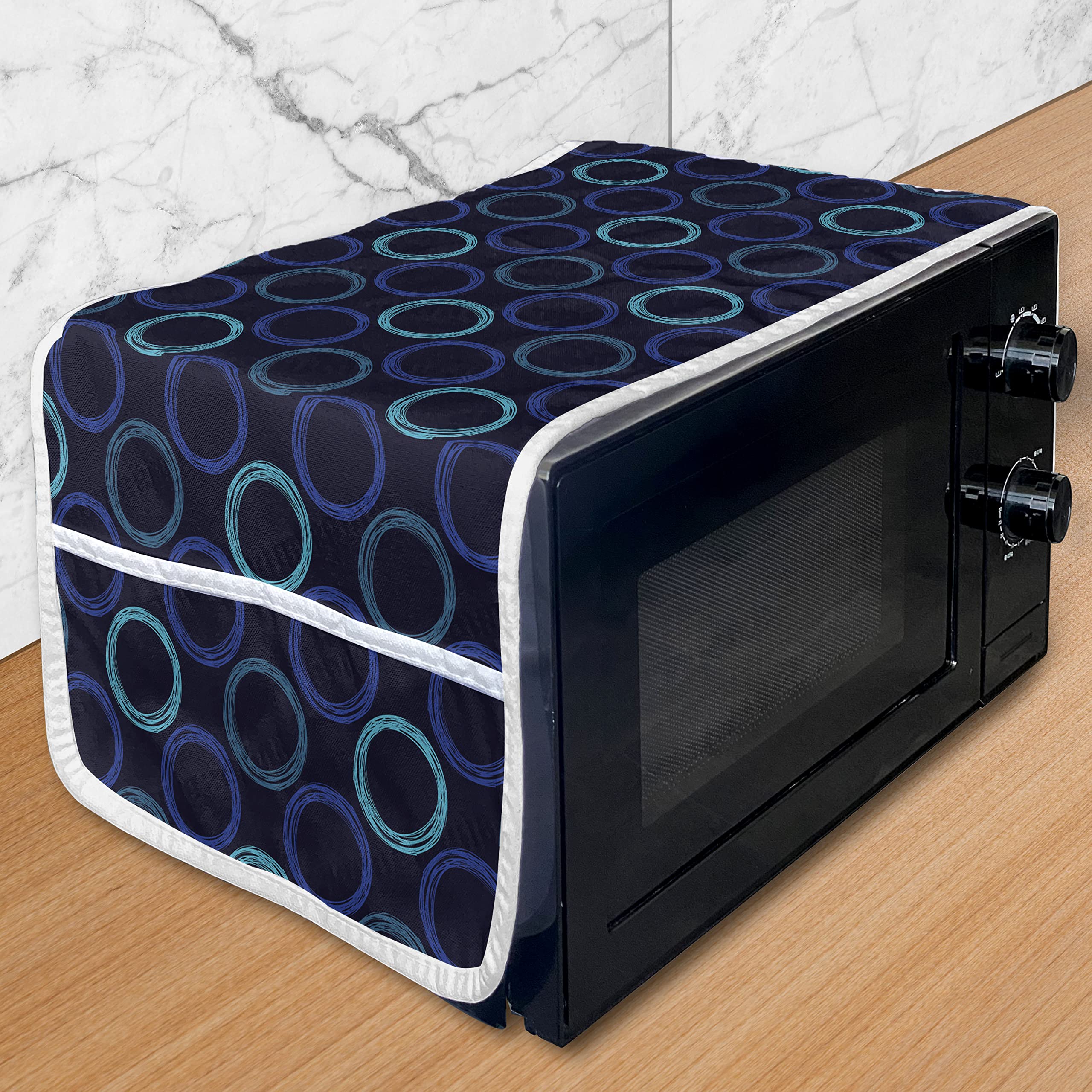 Ambesonne Geometric Microwave Oven Cover - Waterproof Kitchen Organizer with Pockets, Scribble Art Circles Design on Dark Background, 36